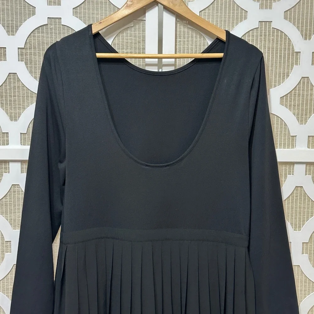 J.Crew Pleated Maxi Dress Women L Black Long Sleeve Scoop Neck Modest Minimalist